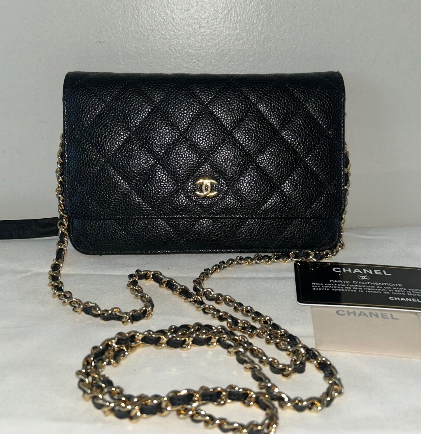 CHANEL Classic Caviar Quilted Wallet on Chain WOC Bag Black/Gold