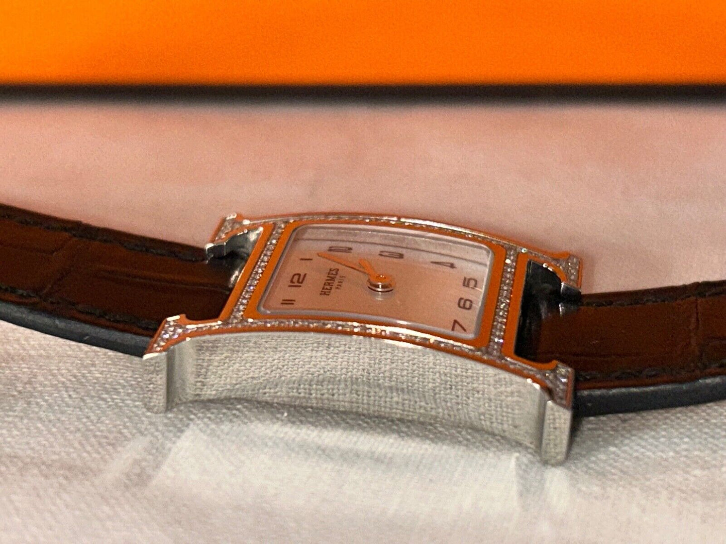 HERMES Heure H Watch Diamond Bezel Alligator Noir Black