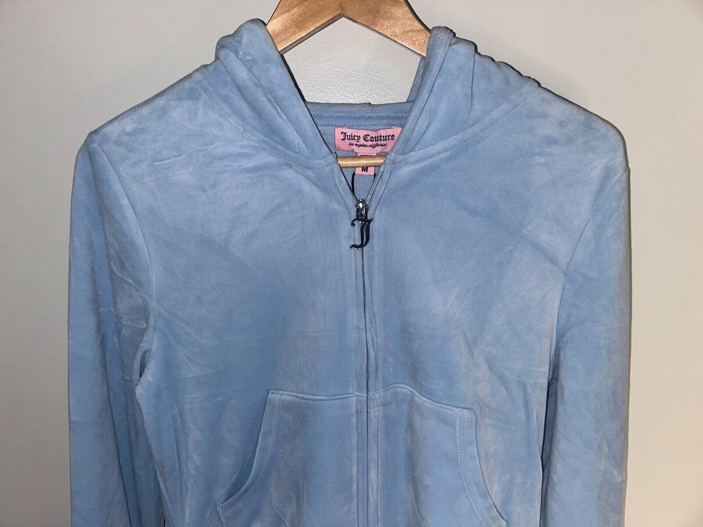 NEW! NWT JUICY COUTURE OG Big Bling Velour Hoodie Frosted Light Blue Size M