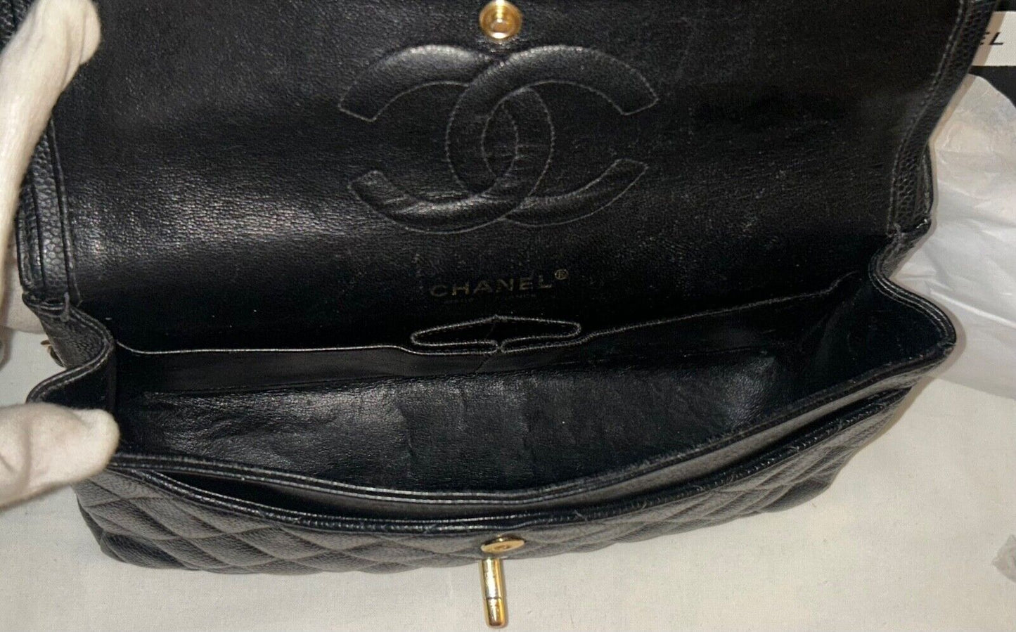 CHANEL Classic Medium Double Flap Quilted Caviar Leather Handbag Black 24K Gold