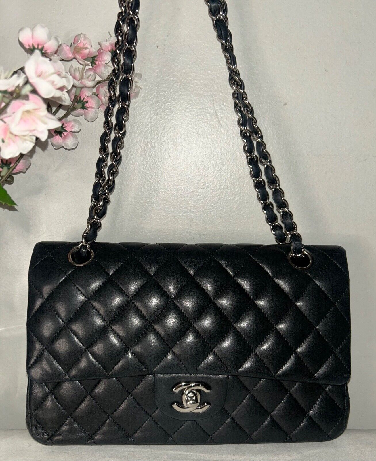 CHANEL Classic Medium Double Flap Lambskin Quilted Handbag Black