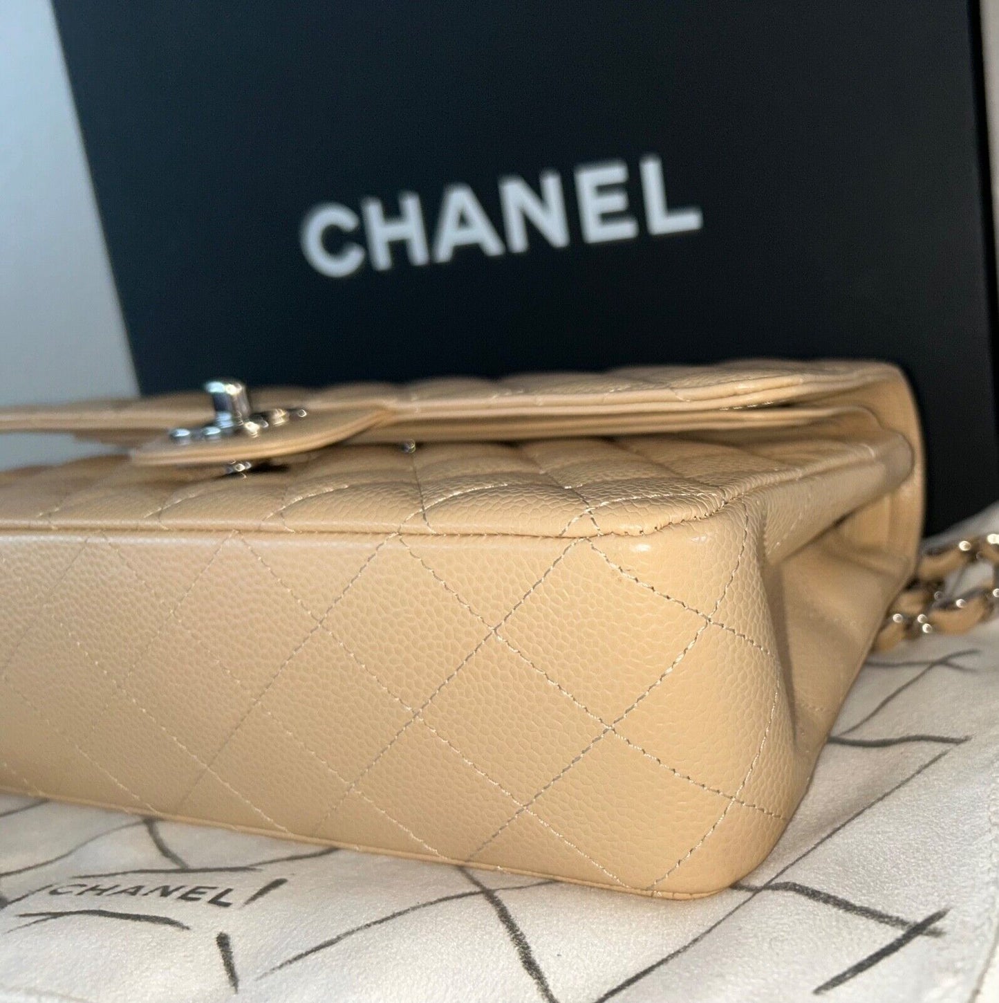 CHANEL Classic Medium Double Flap Caviar Quilted Handbag Beige Clair