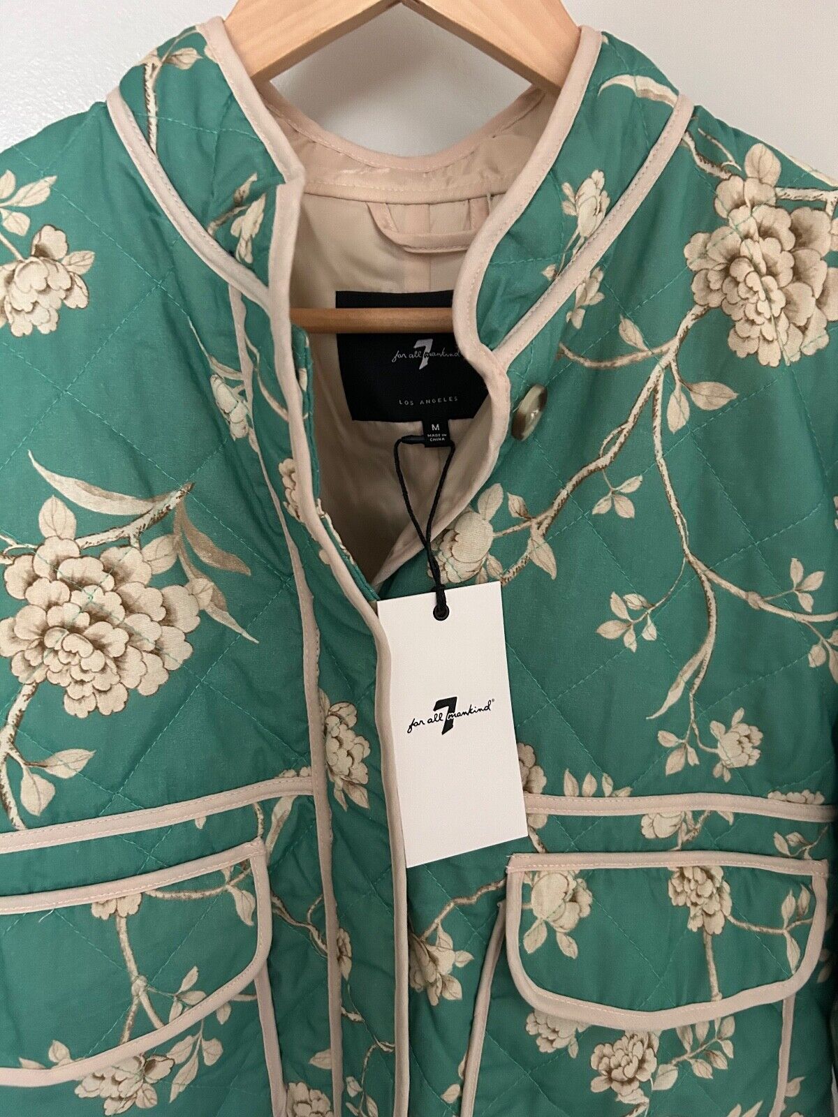 NEW! NWT 7 FOR ALL MANKIND Quilted Crop Floral Print Jacket Jade Green Size L