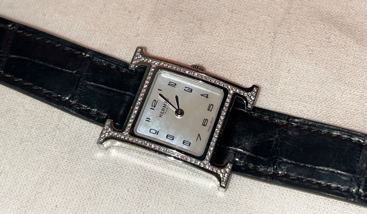 HERMES Heure H Watch Diamond Bezel Alligator Noir Black