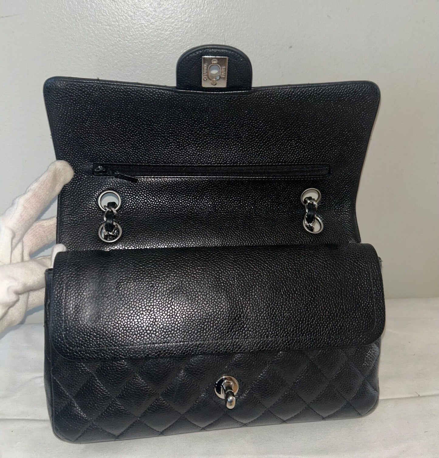 CHANEL Classic Medium Double Flap Quilted Caviar Leather Handbag Black
