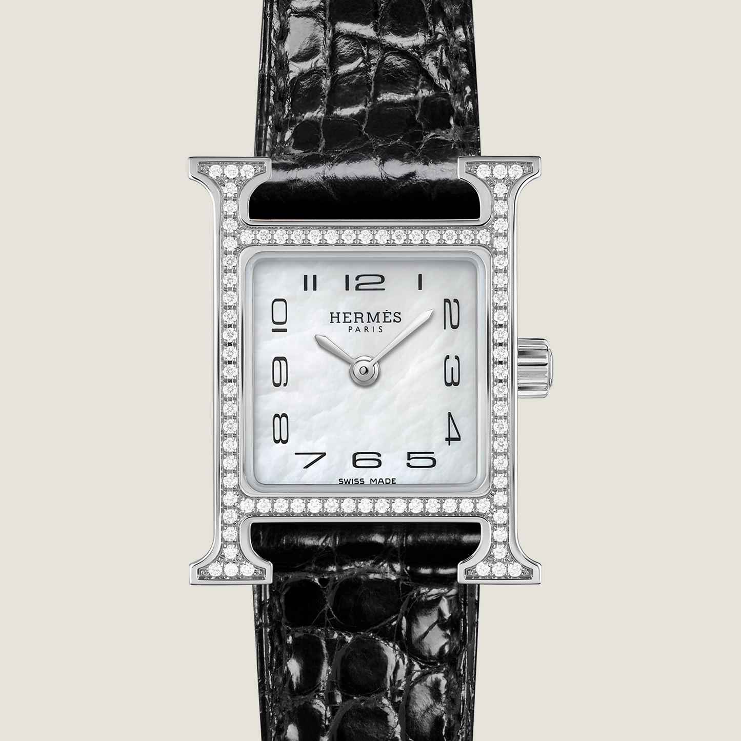 HERMES Heure H Watch Diamond Bezel Alligator Noir Black
