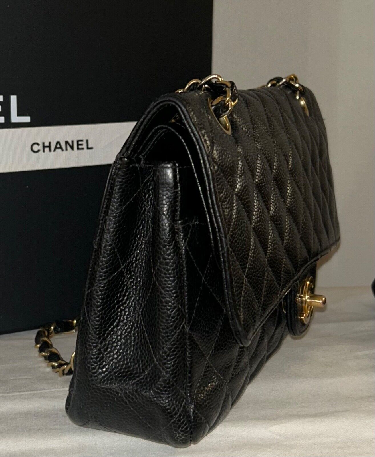 CHANEL Classic Medium Double Flap Quilted Caviar Leather Handbag Black 24K Gold