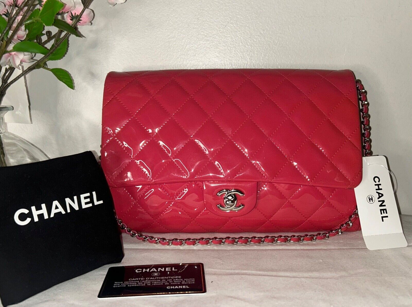 CHANEL Classic CC Quilted Flap Shoulder Bag Patent Leather Fuchsia Pink