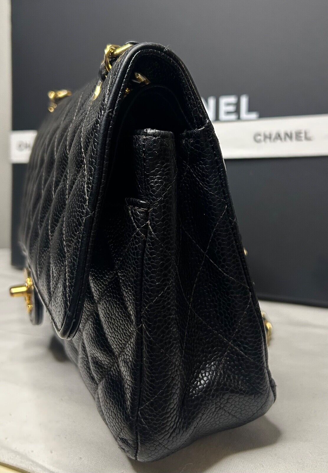 CHANEL Classic Medium Double Flap Quilted Caviar Leather Handbag Black 24K Gold
