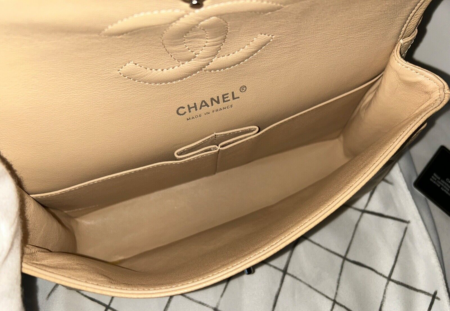 CHANEL Classic Medium Double Flap Caviar Quilted Handbag Beige Clair