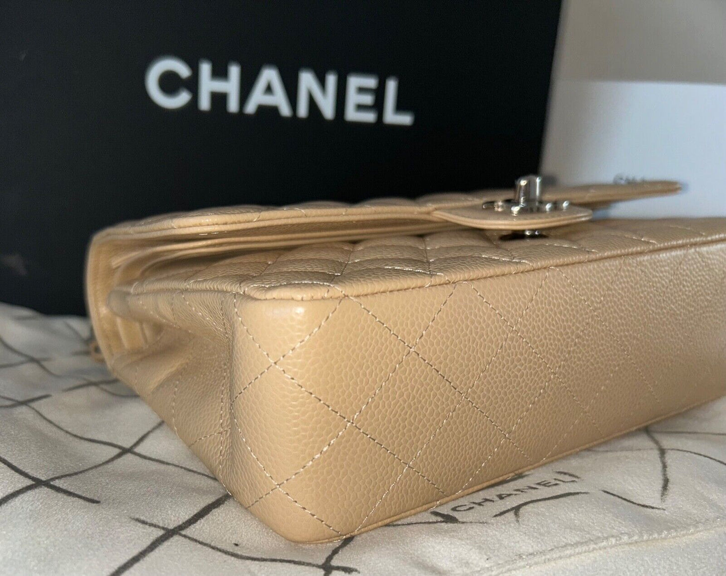 CHANEL Classic Medium Double Flap Caviar Quilted Handbag Beige Clair