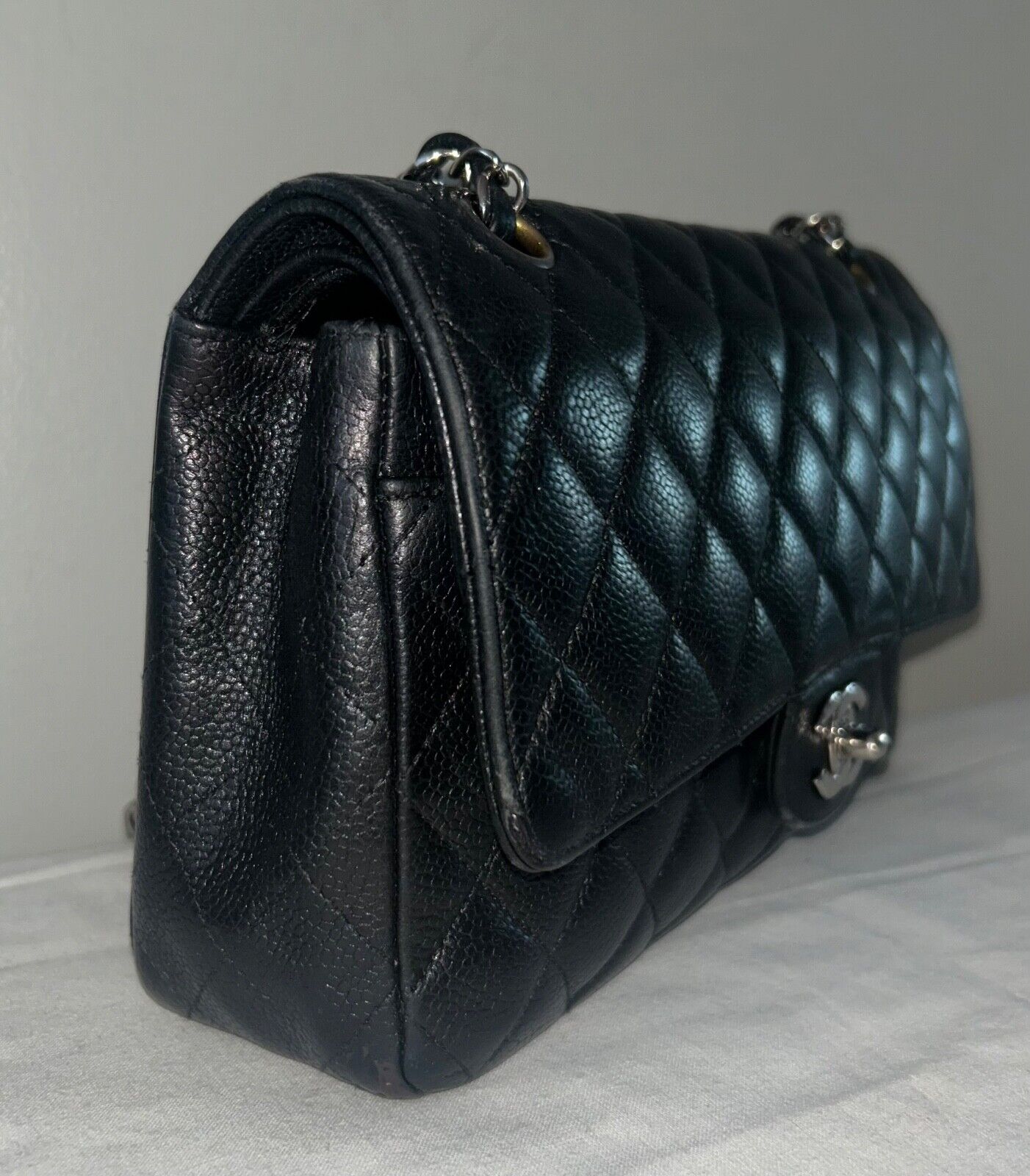 CHANEL Classic Medium Double Flap Quilted Caviar Leather Handbag Black