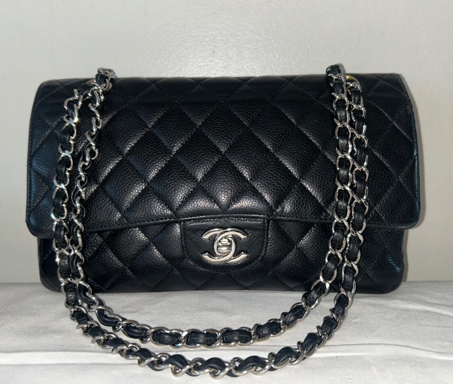 CHANEL Classic Medium Double Flap Quilted Caviar Leather Handbag Black