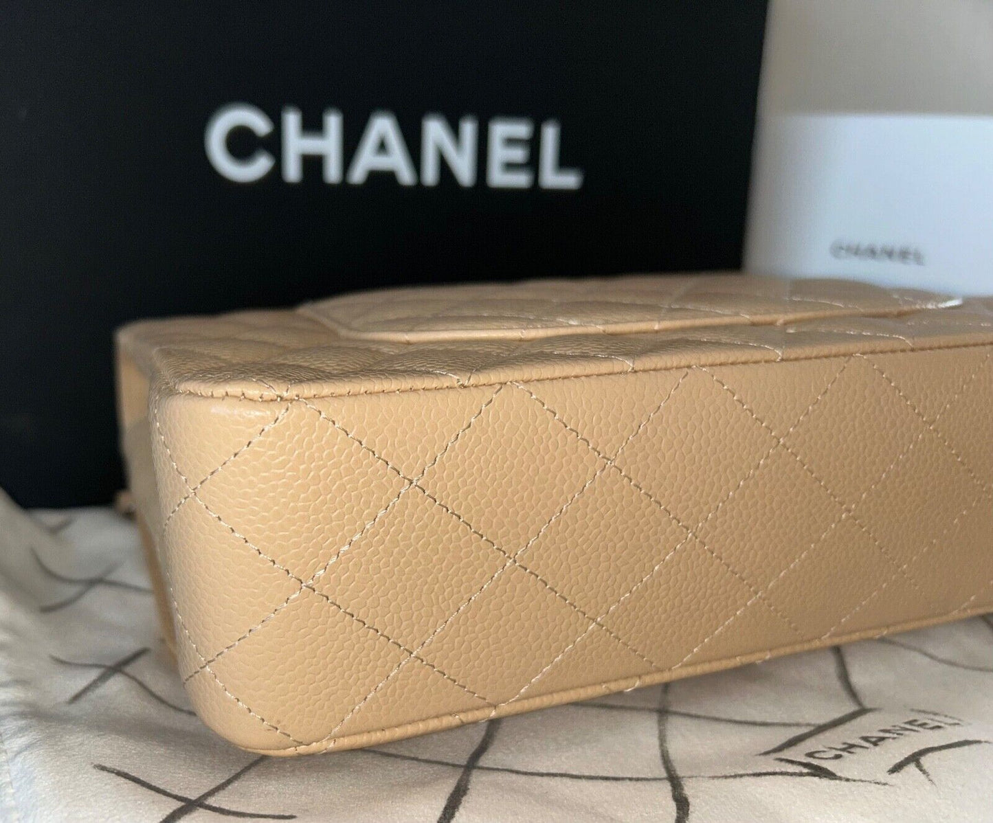 CHANEL Classic Medium Double Flap Caviar Quilted Handbag Beige Clair