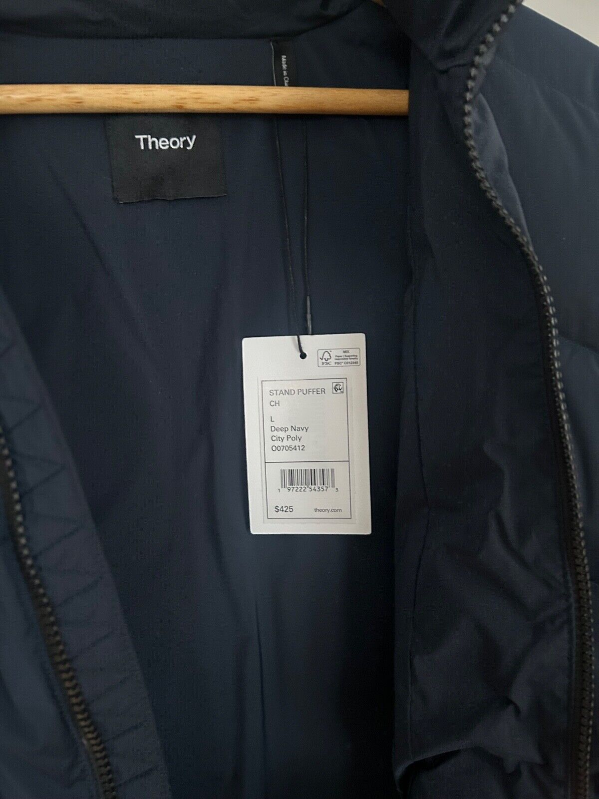 NEW! NWT THEORY Stand-Collar Down Puffer Coat Deep Navy Size L
