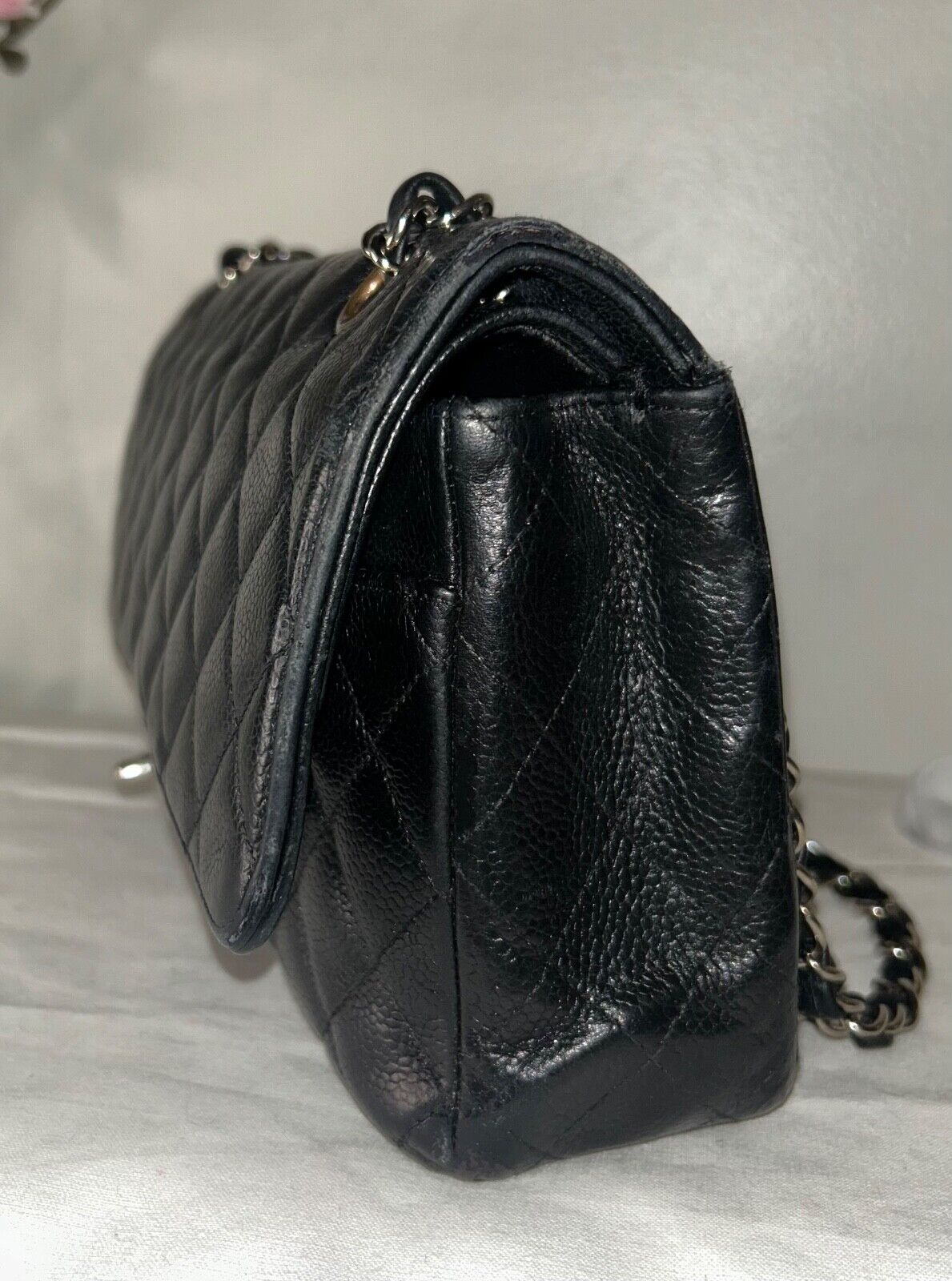 CHANEL Classic Medium Double Flap Quilted Caviar Leather Handbag Black