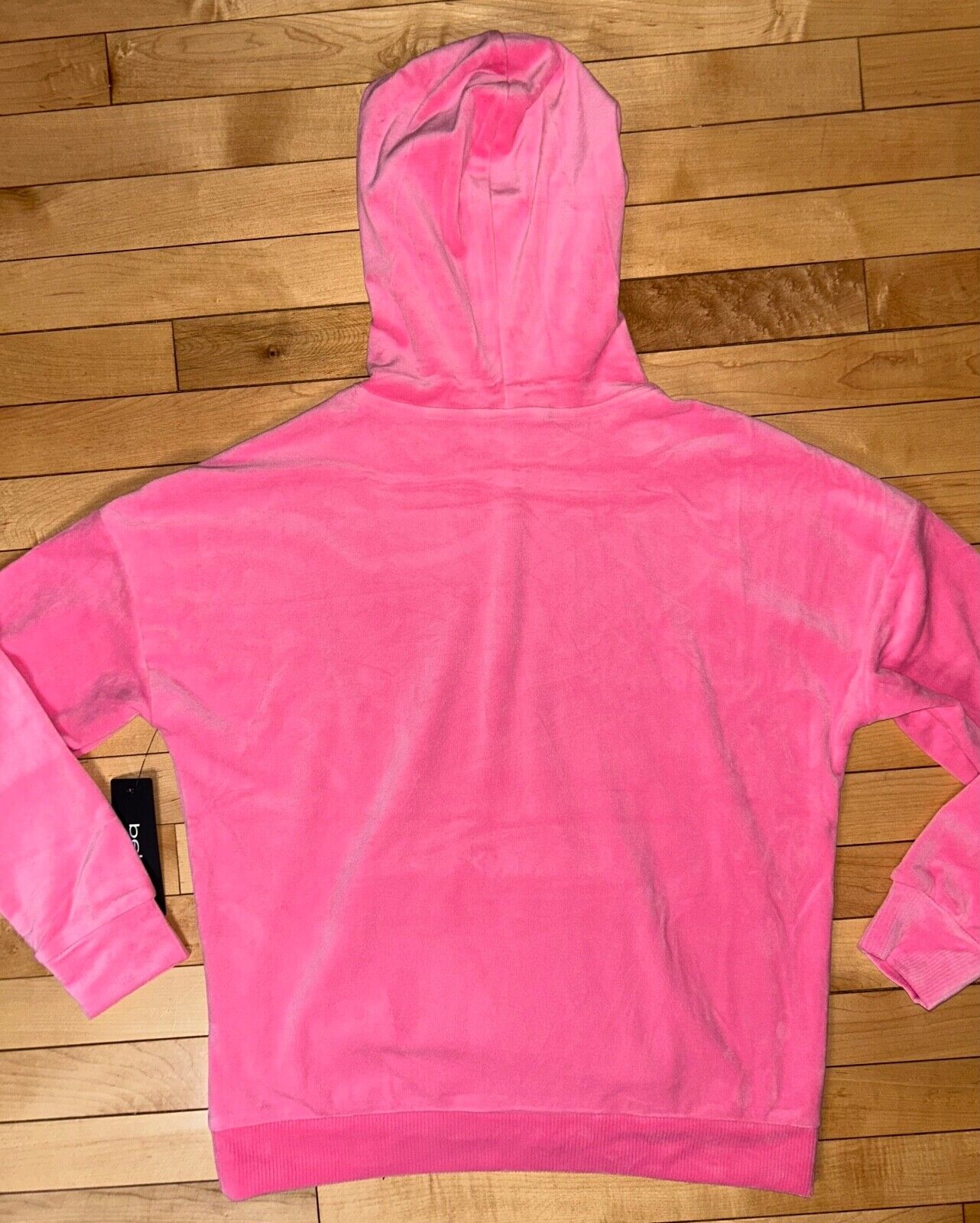 NEW! NWT BEBE Bling Velour Rhinestone Logo Pullover Hoodie Pink Taffy Size M