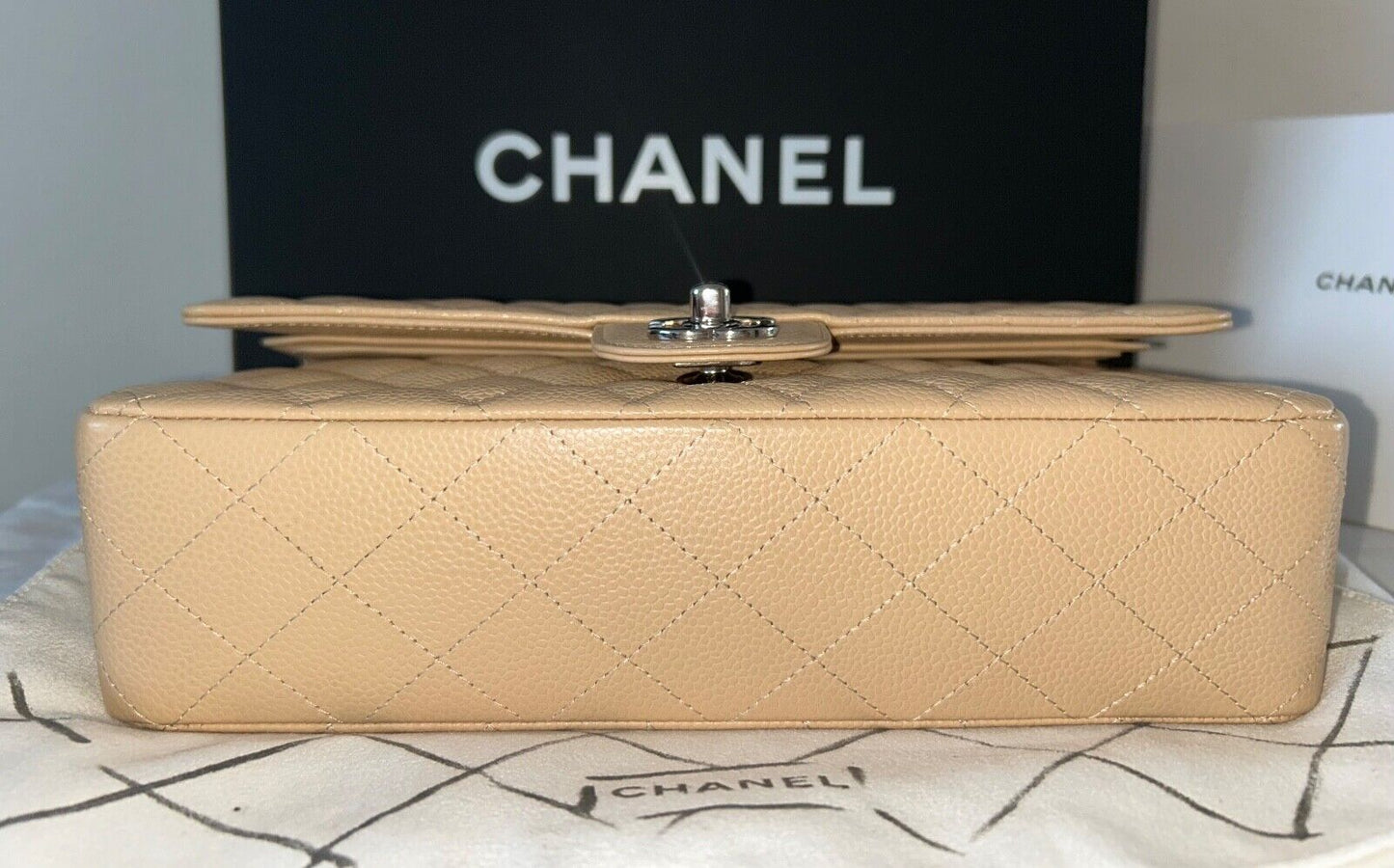 CHANEL Classic Medium Double Flap Caviar Quilted Handbag Beige Clair