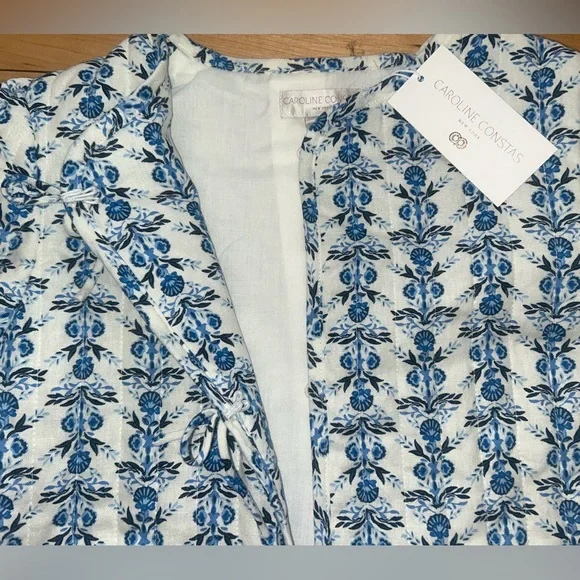 NEW! NWT CAROLINE CONSTAS Bow Floral Patchwork Linen Jacket Blue/White Size S