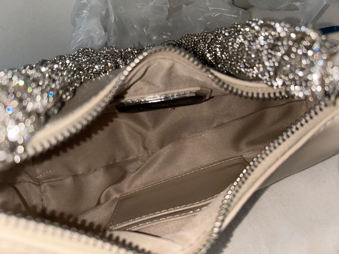 NEW ! NWT MADISON WEST Faux Leather Crystal Strap Shoulder Bag Bone Ivory