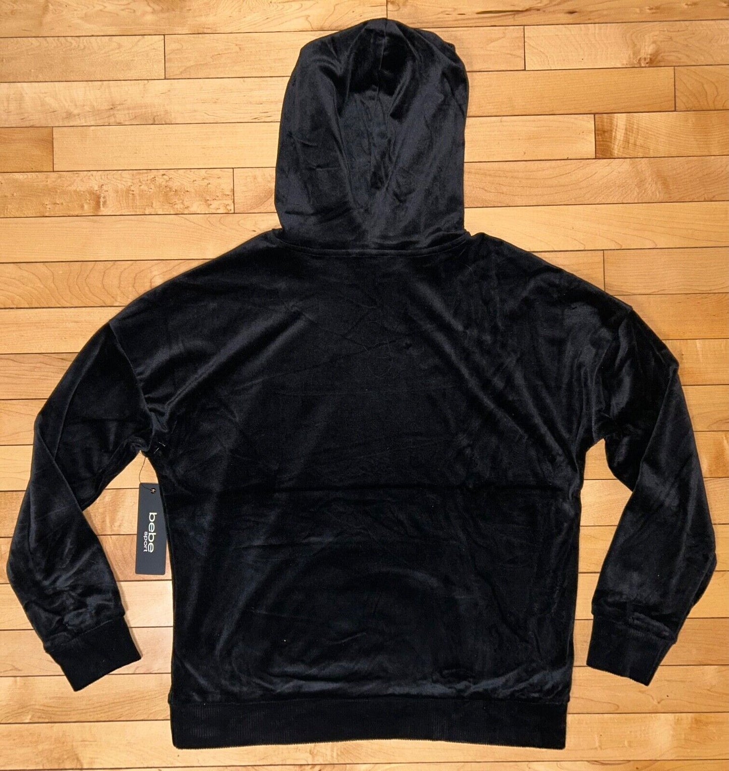 NEW! NWT BEBE Bling Velour Rhinestone Logo Pullover Hoodie Black Size S