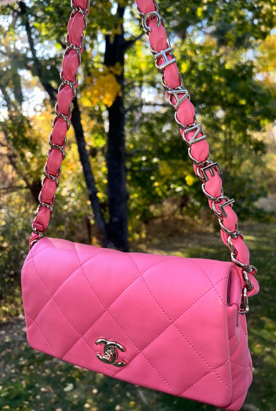 CHANEL CC Small Logo Strap Quilted Lambskin Shoulder Bag Pink / Gold Hardware