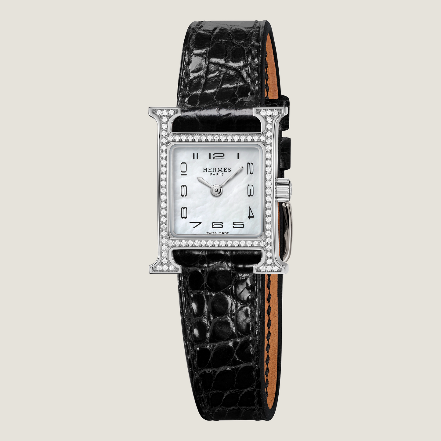 HERMES Heure H Watch Diamond Bezel Alligator Noir Black