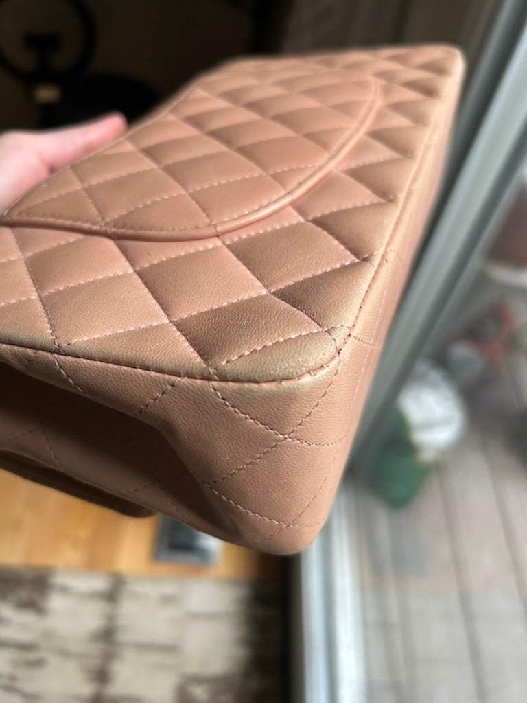 CHANEL Classic Medium Double Flap Lambskin Quilted Handbag Pink Peach