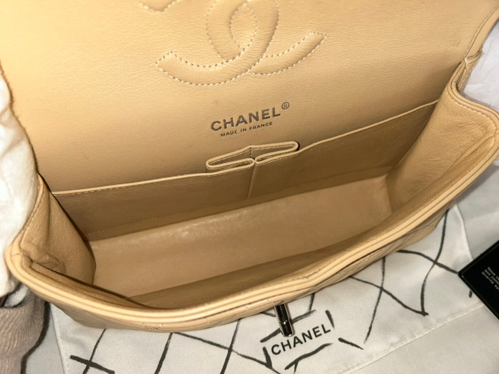 CHANEL Medium Classic Double Flap Quilted Lambskin Leather Handbag Beige Clair
