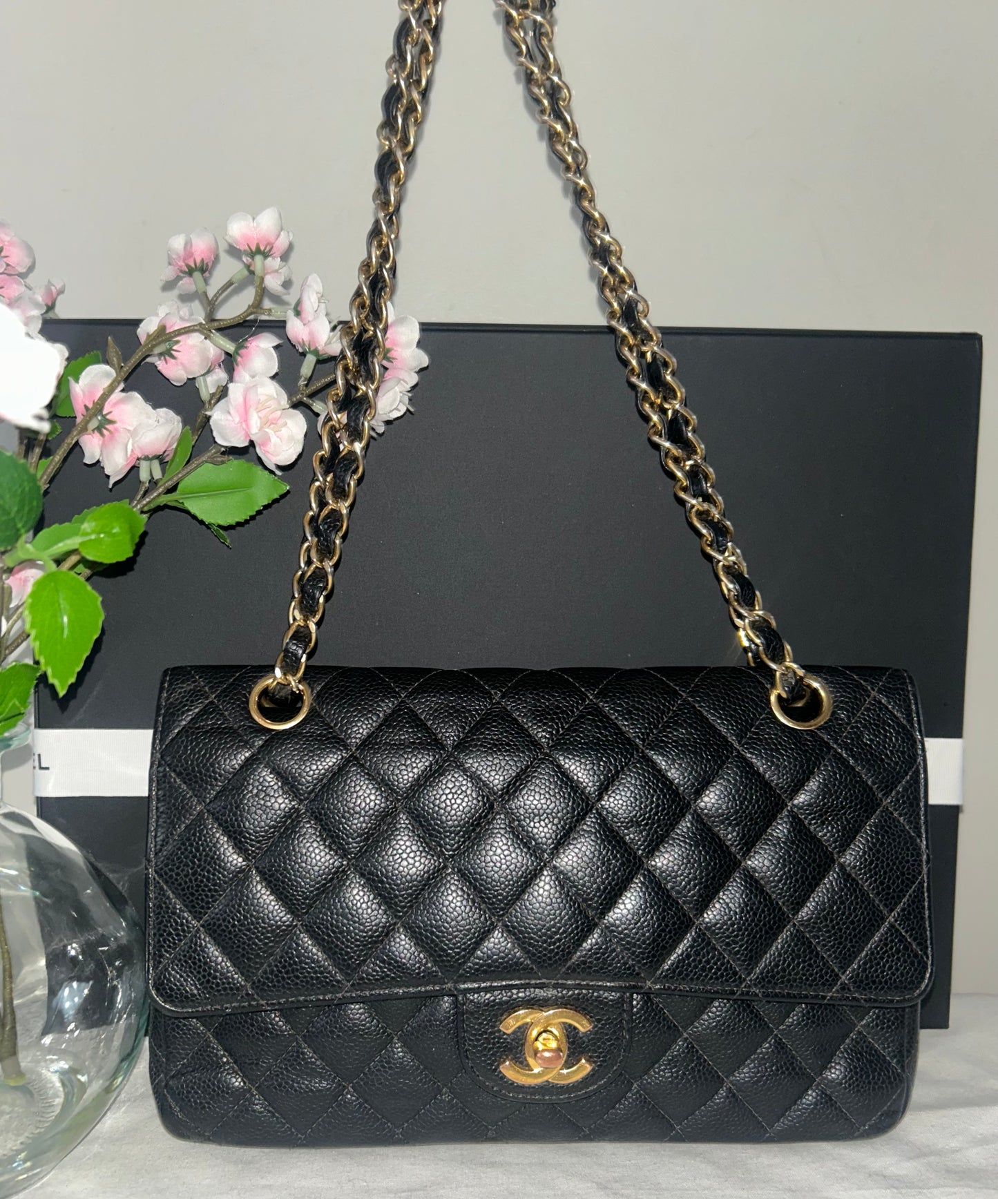 CHANEL Classic Medium Double Flap Quilted Caviar Leather Handbag Black 24K Gold