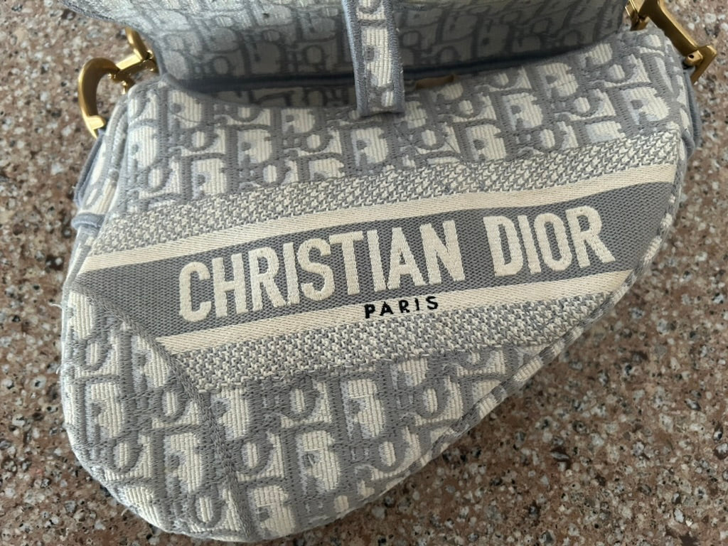 CHRISTIAN DIOR Medium Dior Oblique Embroidered Saddle Bag Gray