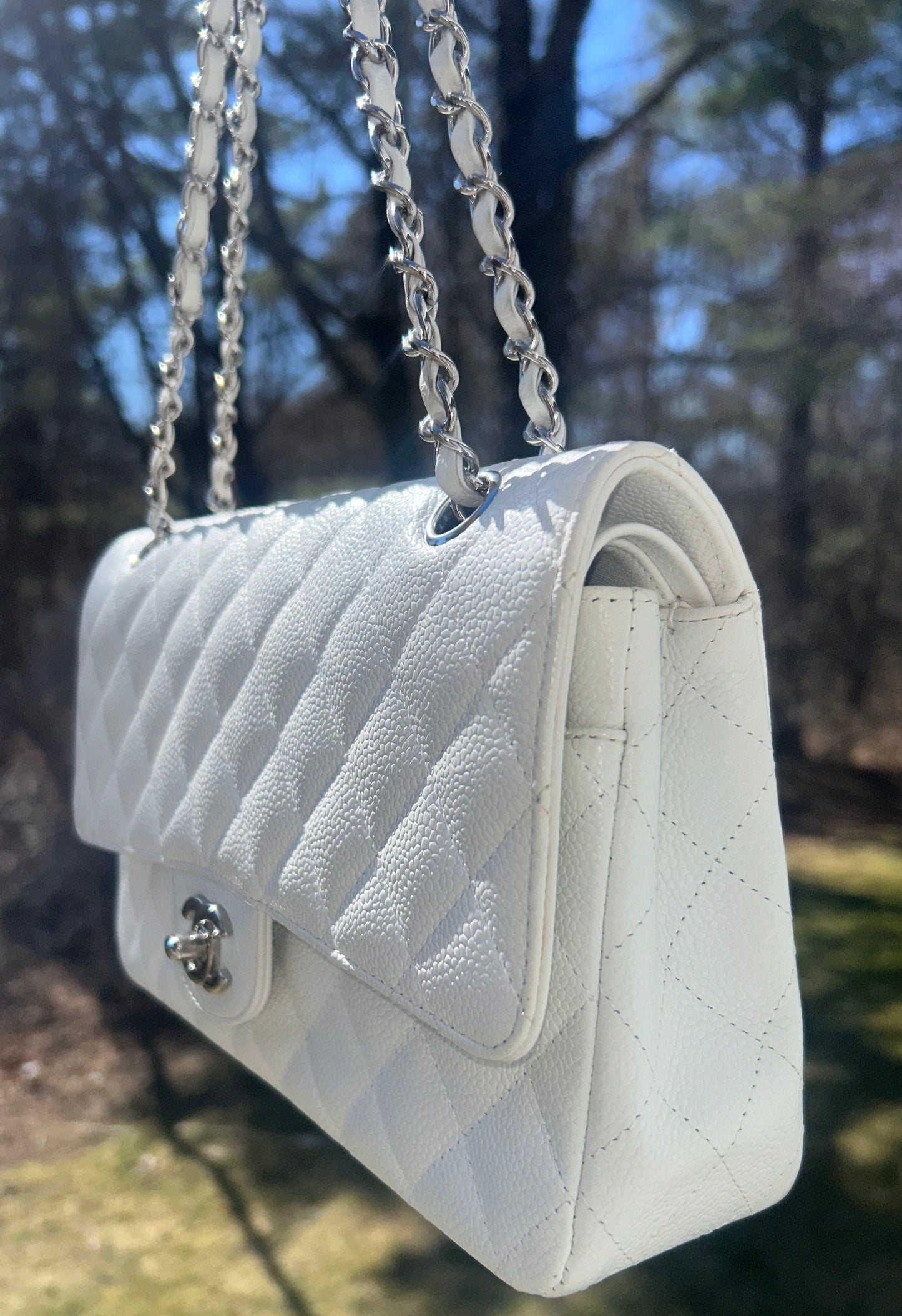 CHANEL Classic Medium Double Flap Caviar Quilted Handbag White