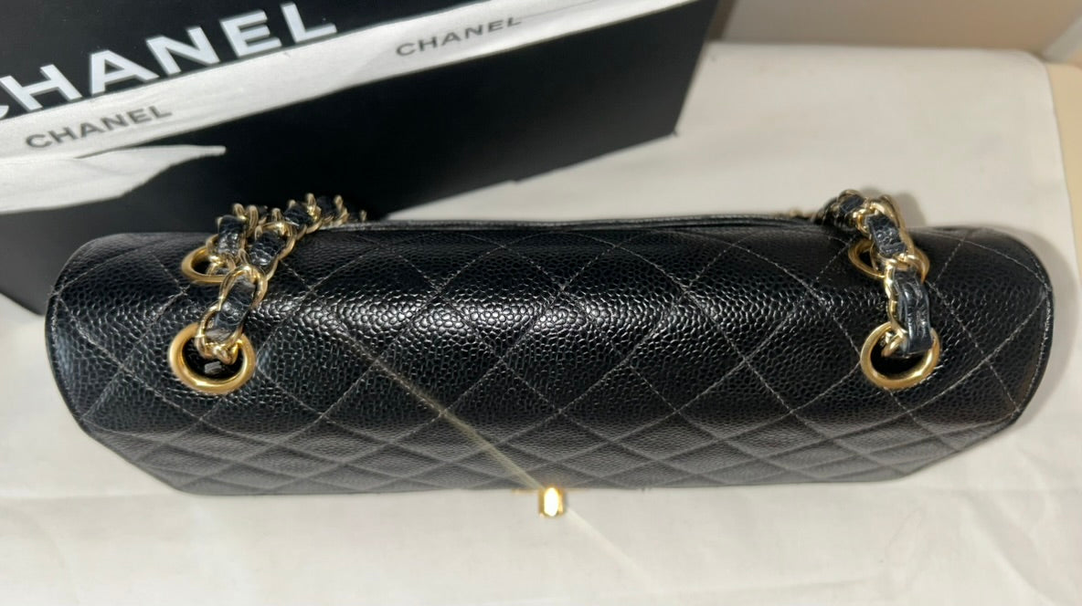 CHANEL Classic Medium Double Flap Quilted Caviar Leather Handbag Black/24K Gold