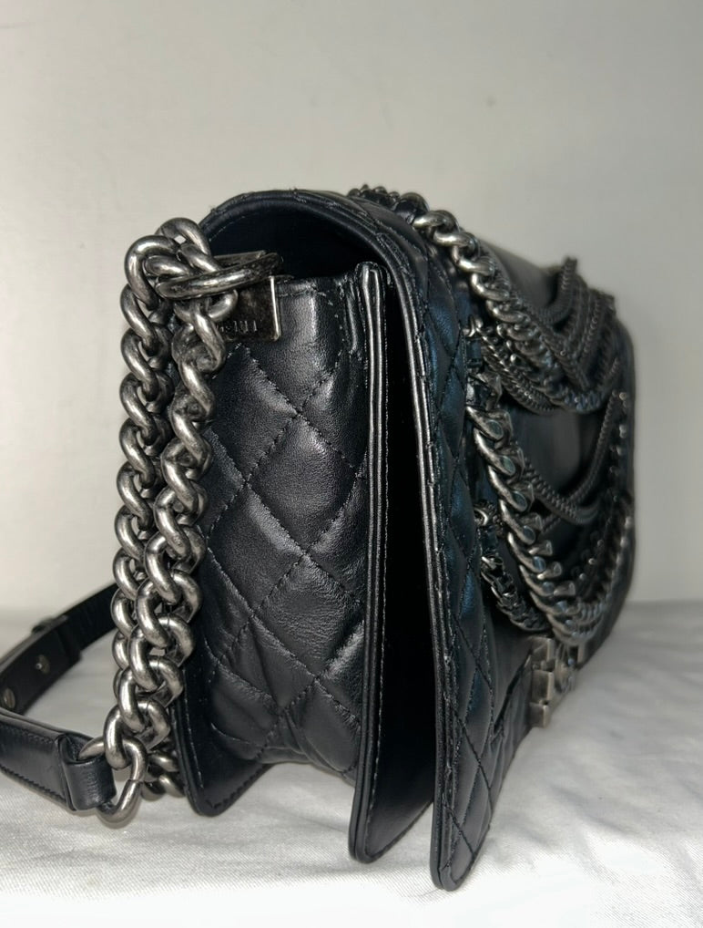 CHANEL Calfskin Enchained Chains New Medium Boy Flap Bag Black