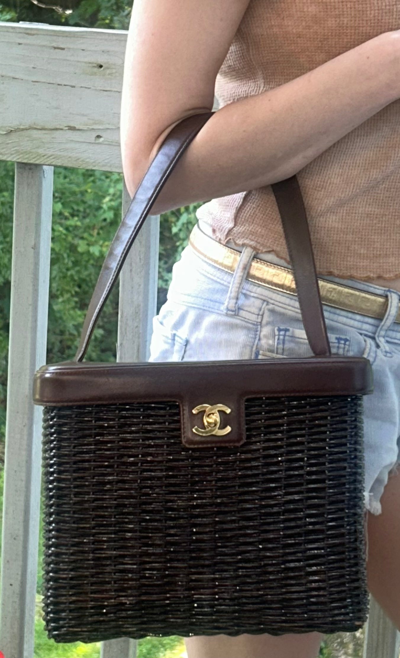CHANEL Vintage Wicker Basket Handbag Brown / 24k Gold Hardware