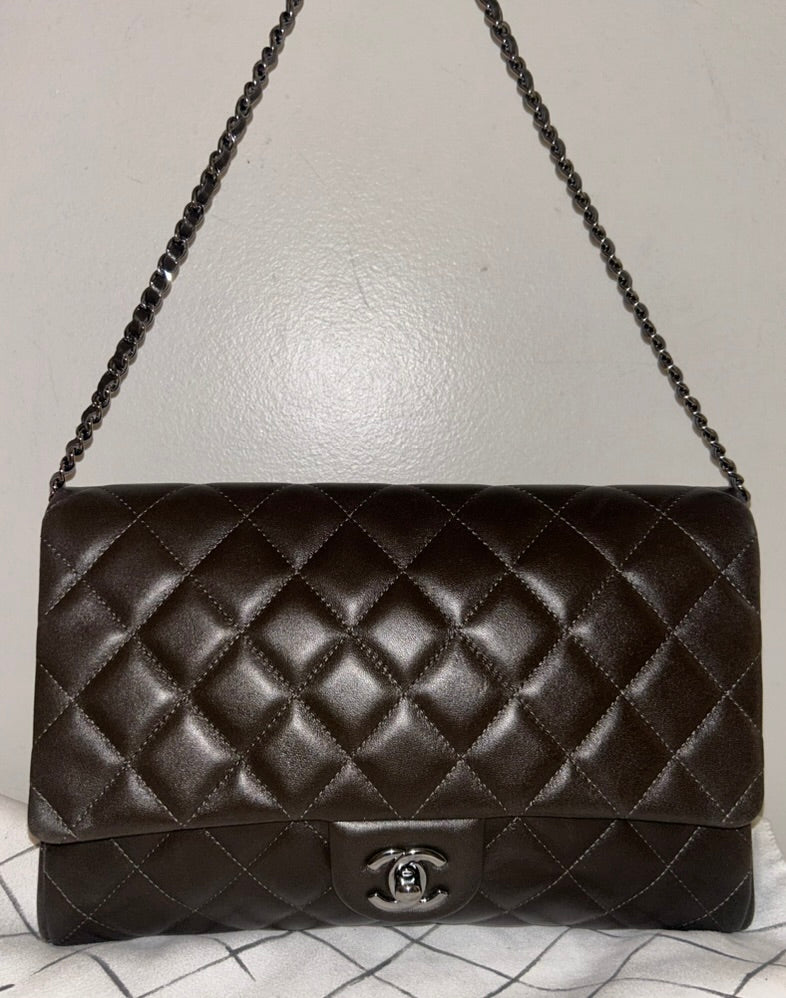CHANEL Classic CC Quilted Flap Shoulder Bag Lambskin Leather Dark Brown