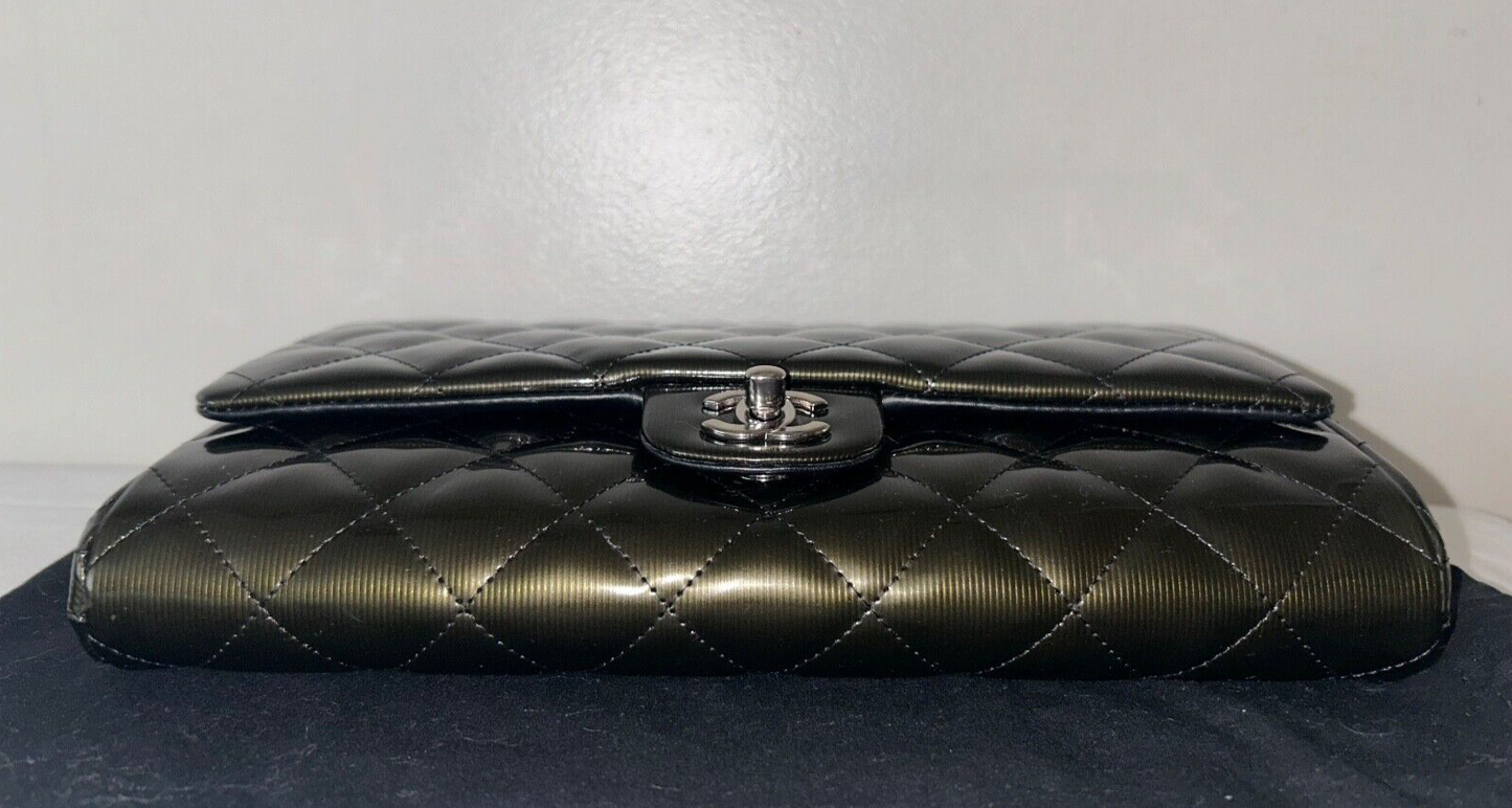 CHANEL CC Quilted Flap Shoulder Bag Metallic Patent Leather Dark Green