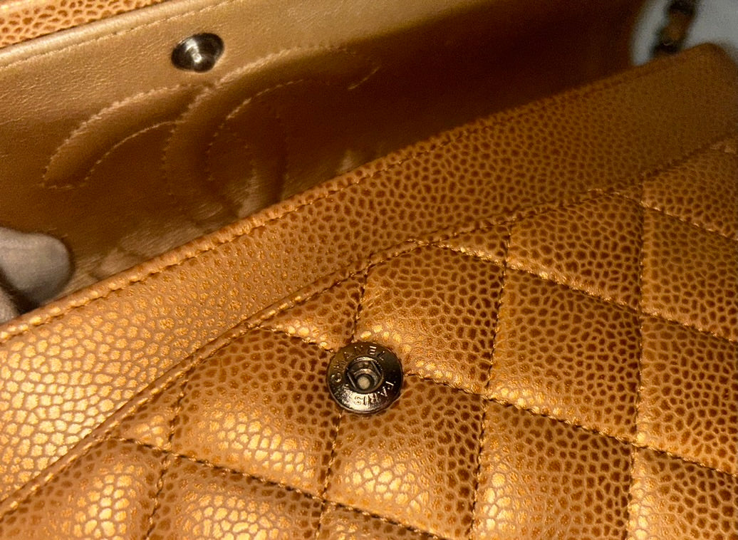 CHANEL Classic Medium Double Flap Metallic Caviar Leather Handbag Golden