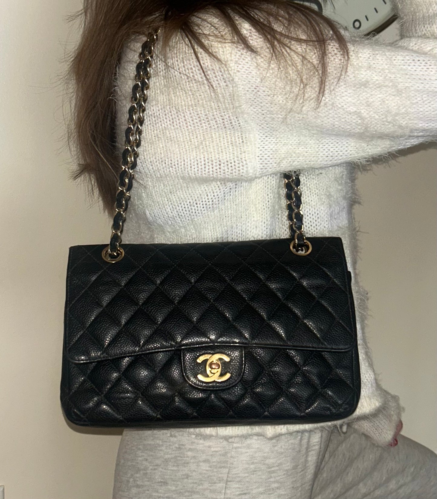 CHANEL Classic Medium Double Flap Quilted Caviar Leather Handbag Black 24K Gold