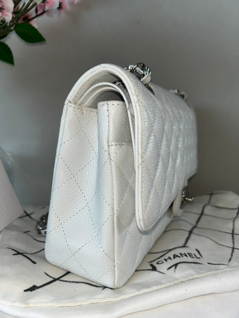 CHANEL Classic Medium Double Flap Caviar Quilted Handbag White