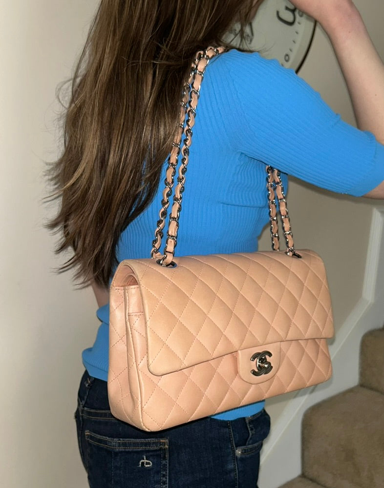 CHANEL Classic Medium Double Flap Lambskin Quilted Handbag Pink Peach