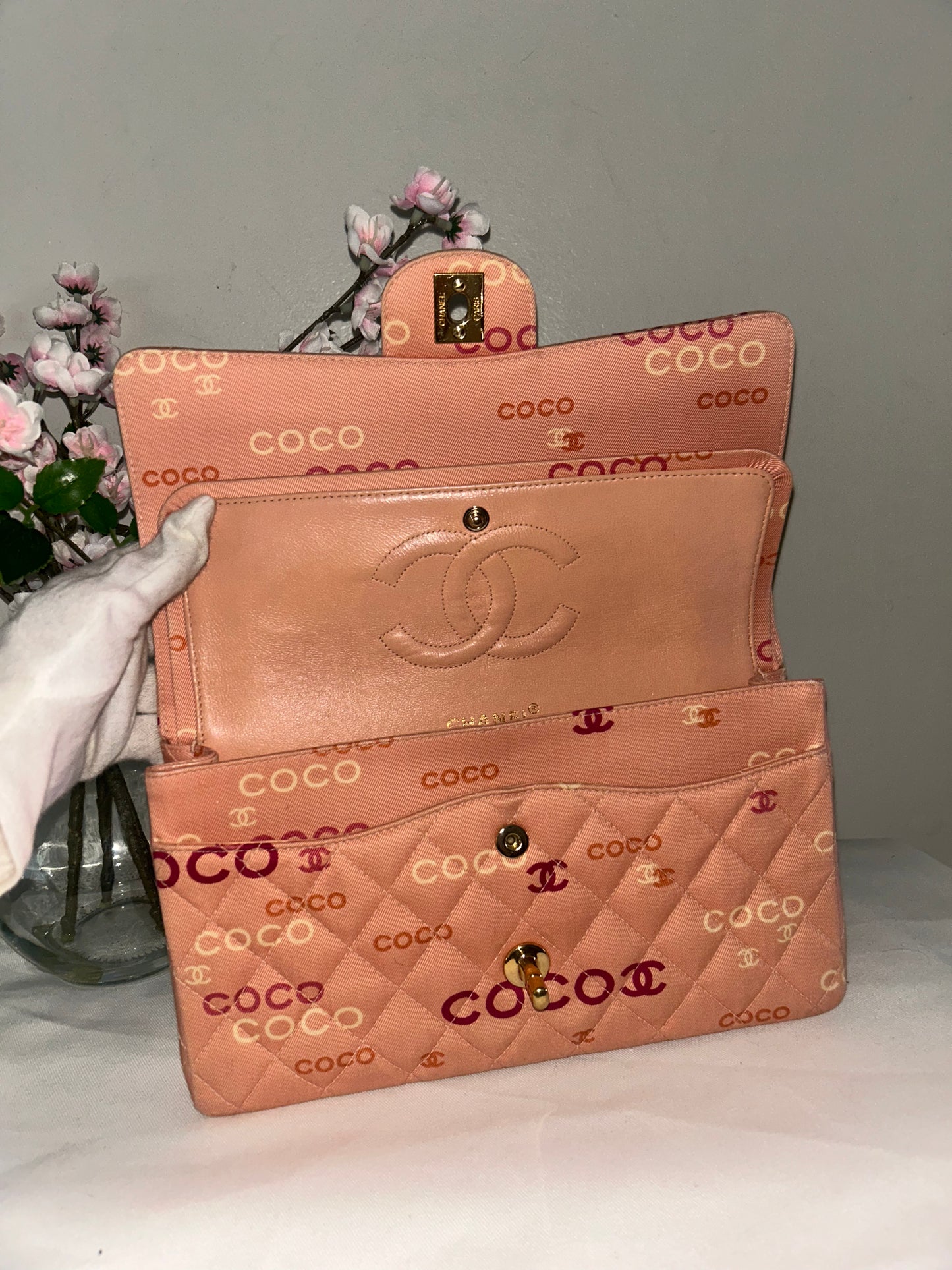 CHANEL Coco Logo Medium Classic Double Flap Bag Quilted Canvas Pink 24k GHW