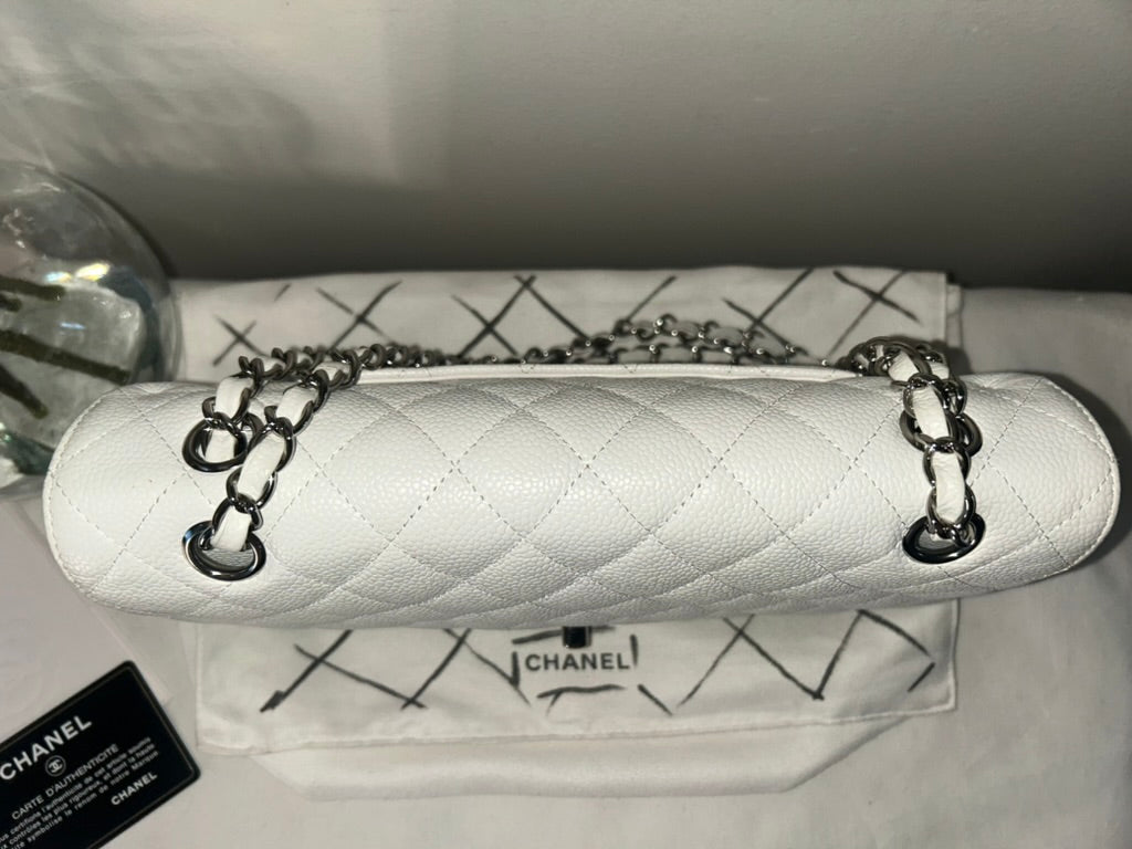 CHANEL Classic Medium Double Flap Caviar Quilted Handbag White
