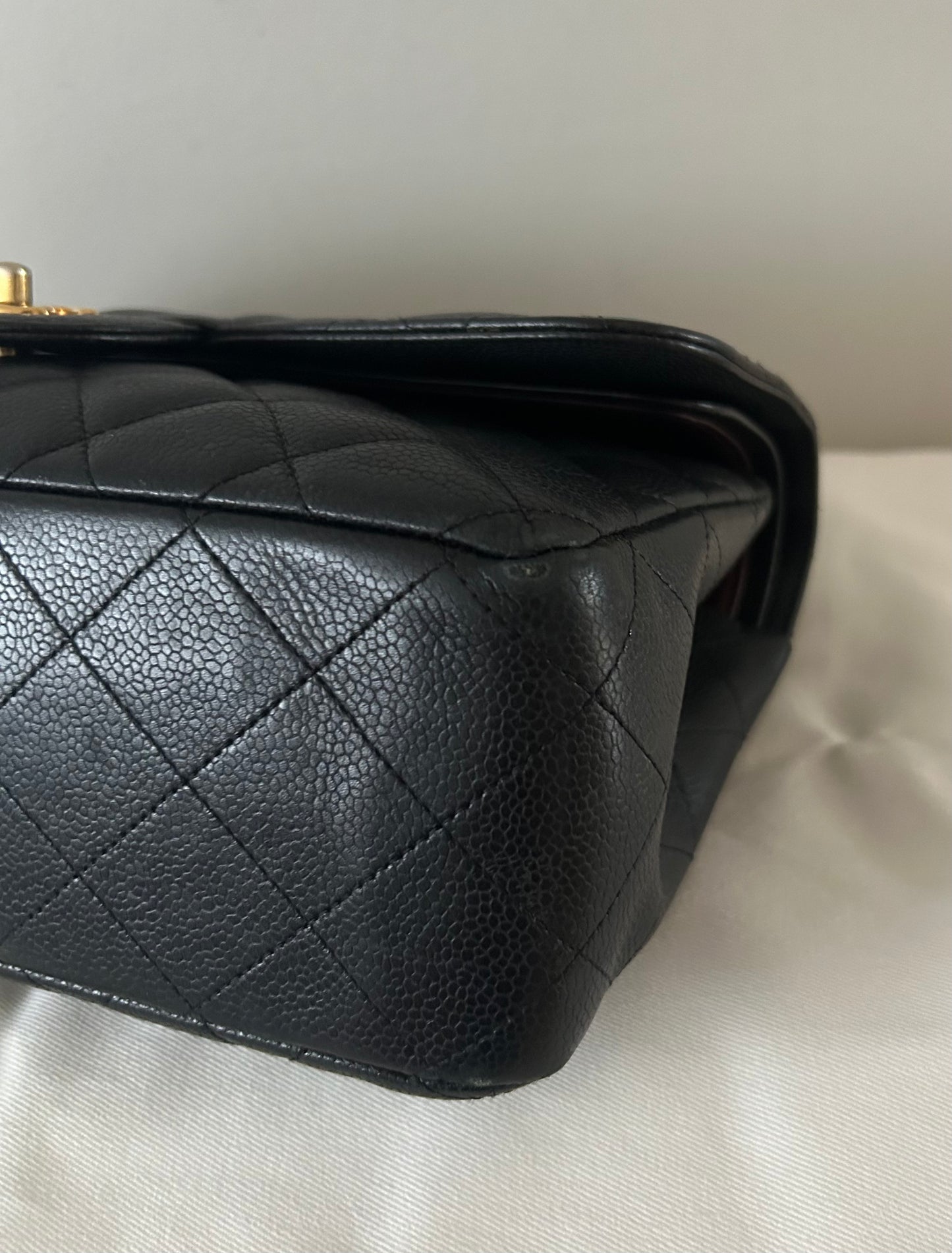 CHANEL Classic Jumbo Double Flap Quilted Caviar Leather Handbag Black/Gold