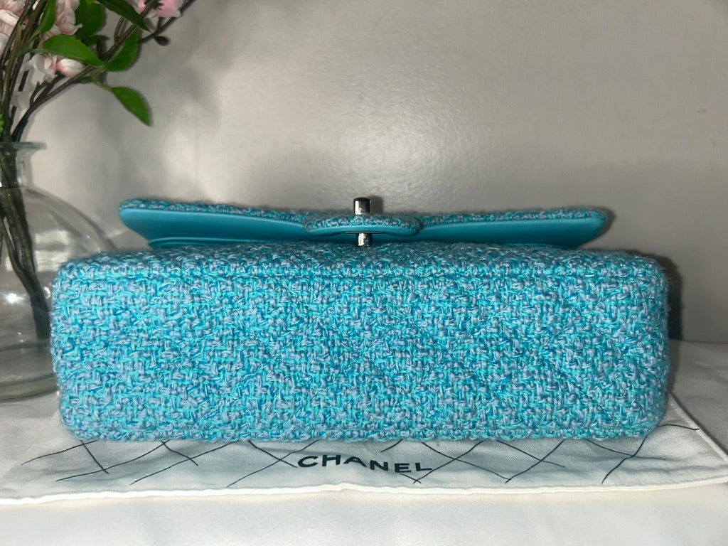 CHANEL 22K Tweed Quilted Medium Double Flap Bag Turquoise/ Gold Hardware