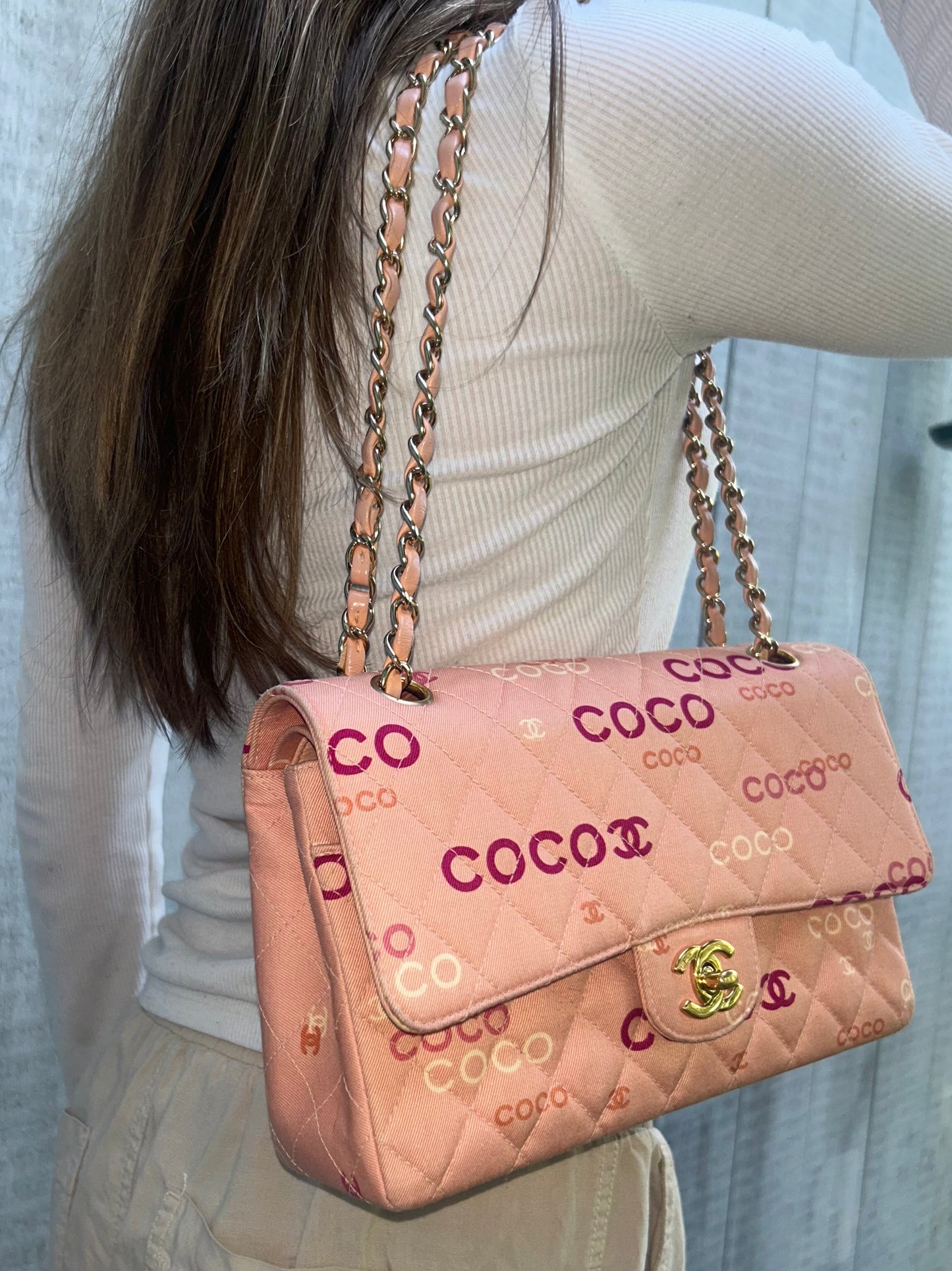 CHANEL Coco Logo Medium Classic Double Flap Bag Quilted Canvas Pink 24k GHW