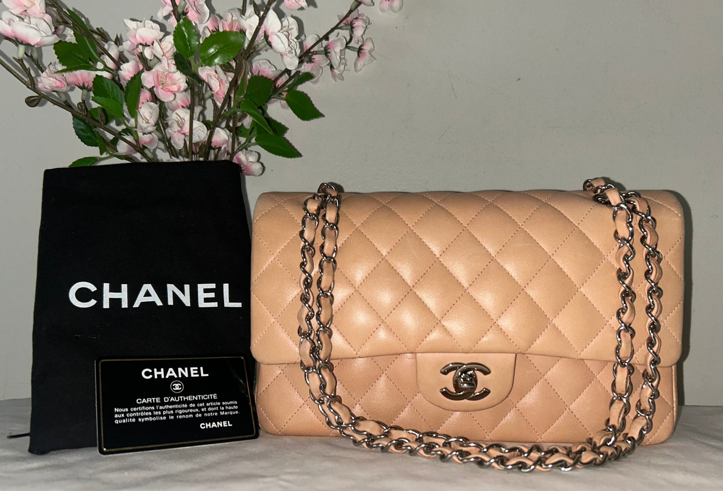 CHANEL Classic Medium Double Flap Lambskin Quilted Handbag Pink Peach