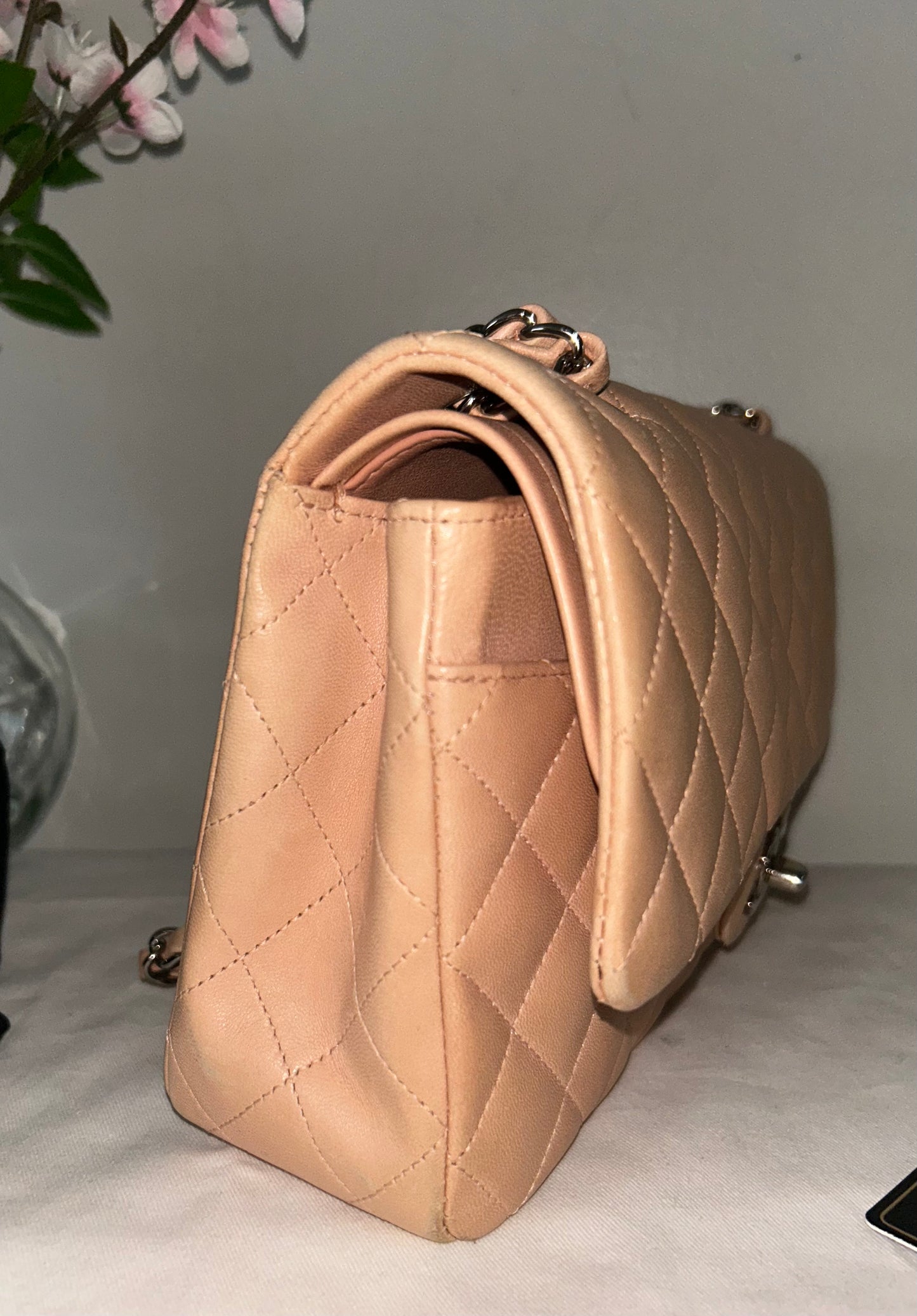 CHANEL Classic Medium Double Flap Lambskin Quilted Handbag Pink Peach