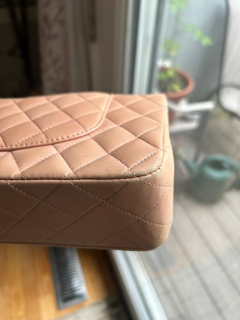 CHANEL Classic Medium Double Flap Lambskin Quilted Handbag Pink Peach