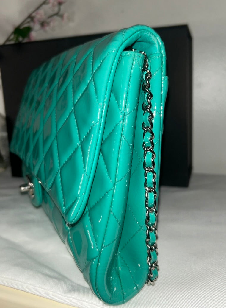 CHANEL CC Classic Quilted Patent Leather Single Flap Shoulder Bag Turquoise